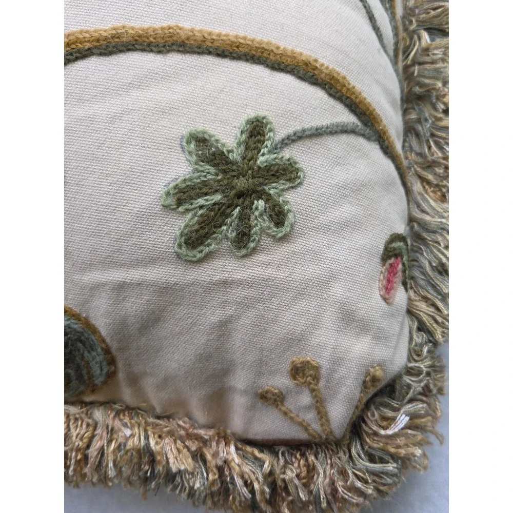 Crewel Embroidered‎ Pillow Fringe Jacobean French 20